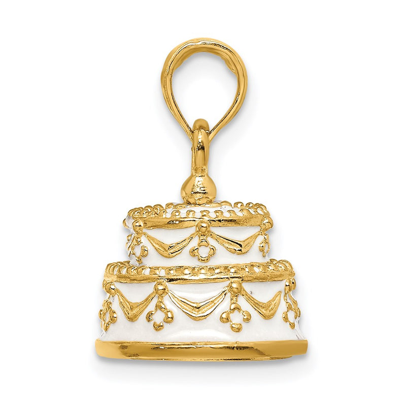 14k Yellow Gold Polished Enameled JUST MARRIED 3-D Wedding Cake Pendant