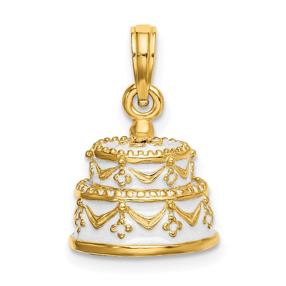 14k Yellow Gold Polished Enameled JUST MARRIED 3-D Wedding Cake Pendant