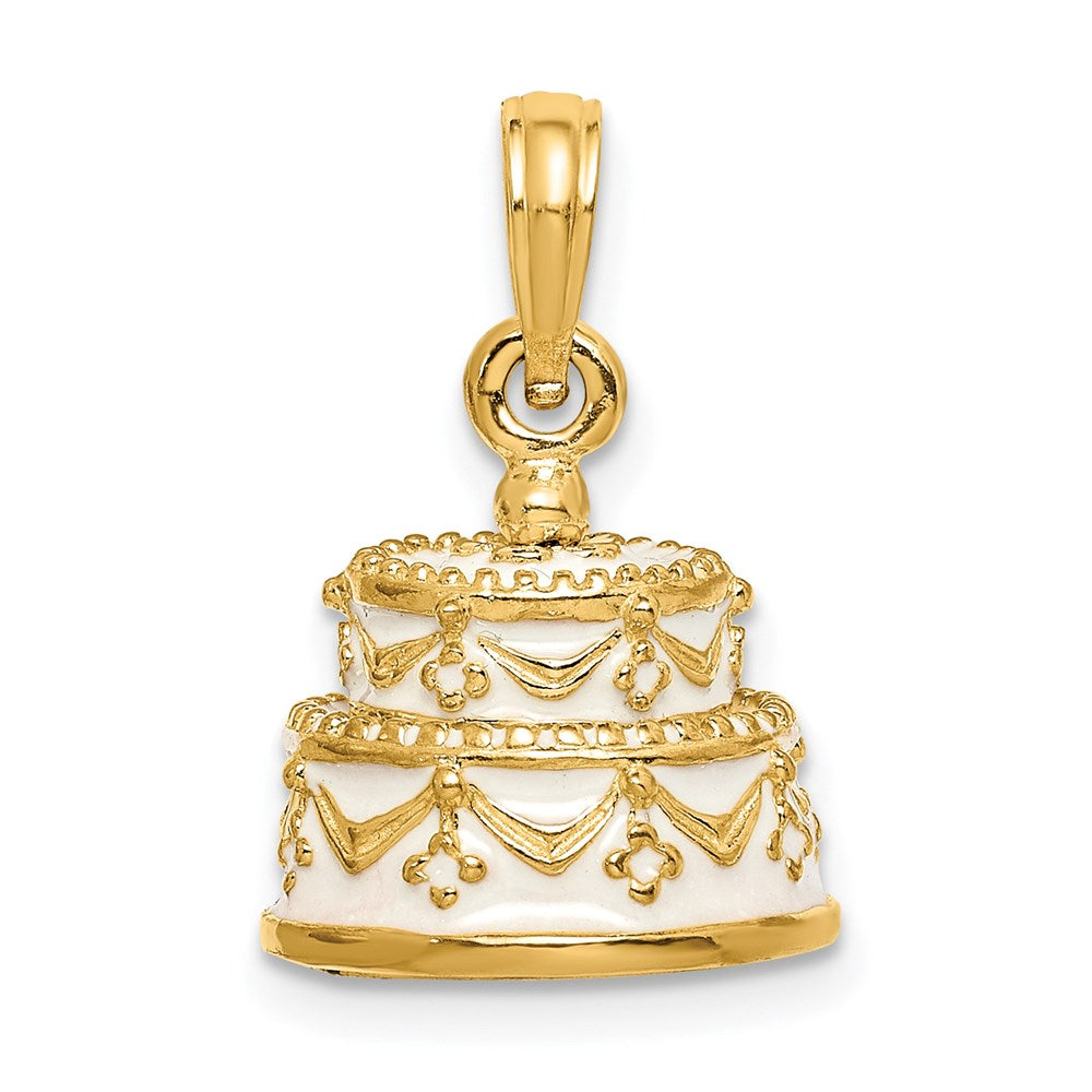 14k Yellow Gold Polished Enameled JUST MARRIED 3-D Wedding Cake Pendant