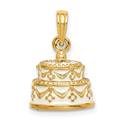 14k Yellow Gold Polished Enameled JUST MARRIED 3-D Wedding Cake Pendant