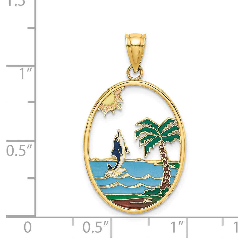14k Yellow Gold Enamel Dolphin Jumping In Beach Scene Charm