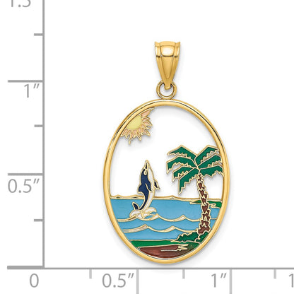 14k Yellow Gold Enamel Dolphin Jumping In Beach Scene Charm