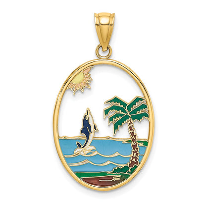 14k Yellow Gold Enamel Dolphin Jumping In Beach Scene Charm