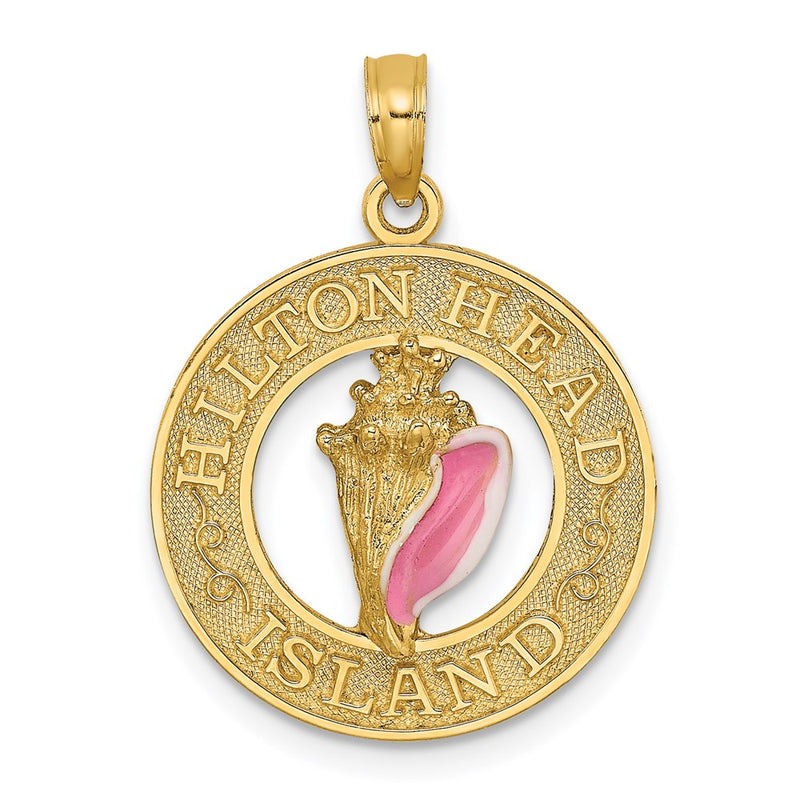 14k Yellow Gold HILTON HEAD ISLAND Enamel Conch Shell Circle Charm