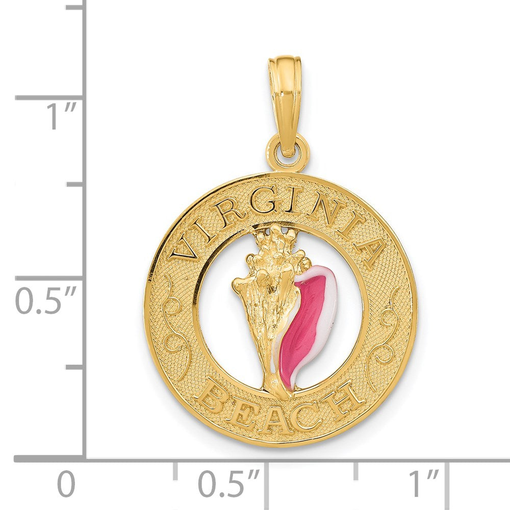 14k Yellow Gold Enameled VIRGINIA BEACH Circle w/ Conch Shell Charm