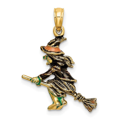 14k Yellow Gold 3-D Enameled Witch Flying on Broom Charm