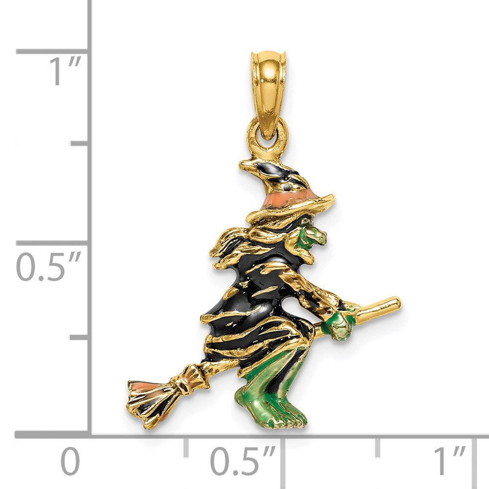 14k Yellow Gold 3-D Enameled Witch Flying on Broom Charm