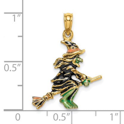 14k Yellow Gold 3-D Enameled Witch Flying on Broom Charm
