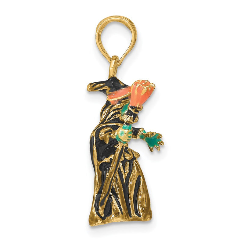 14k Yellow Gold 3-D Enameled Witch w/Broom Charm