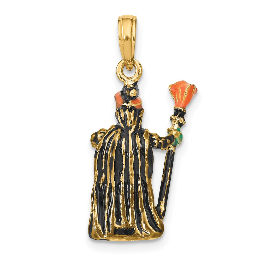 14k Yellow Gold 3-D Enameled Witch w/Broom Charm