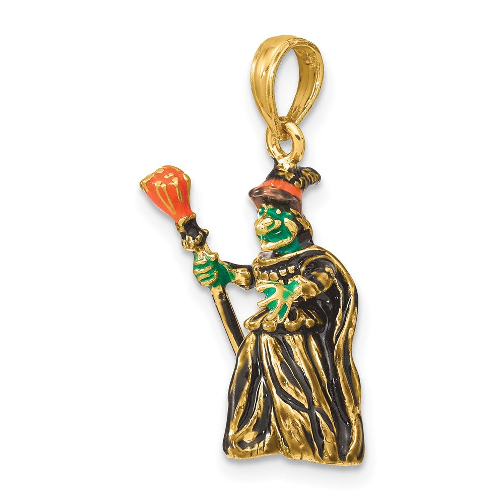 14k Yellow Gold 3-D Enameled Witch w/Broom Charm