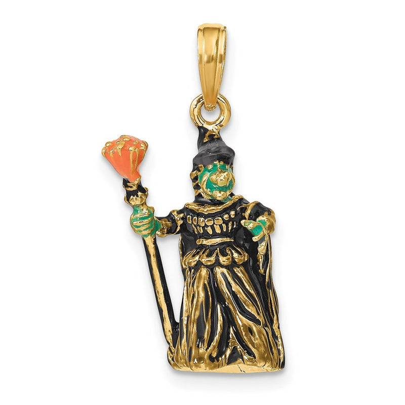 14k Yellow Gold 3-D Enameled Witch w/Broom Charm