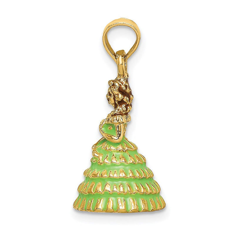 14k Yellow Gold 3-D Green Enamel Dress Southern Belle Charm