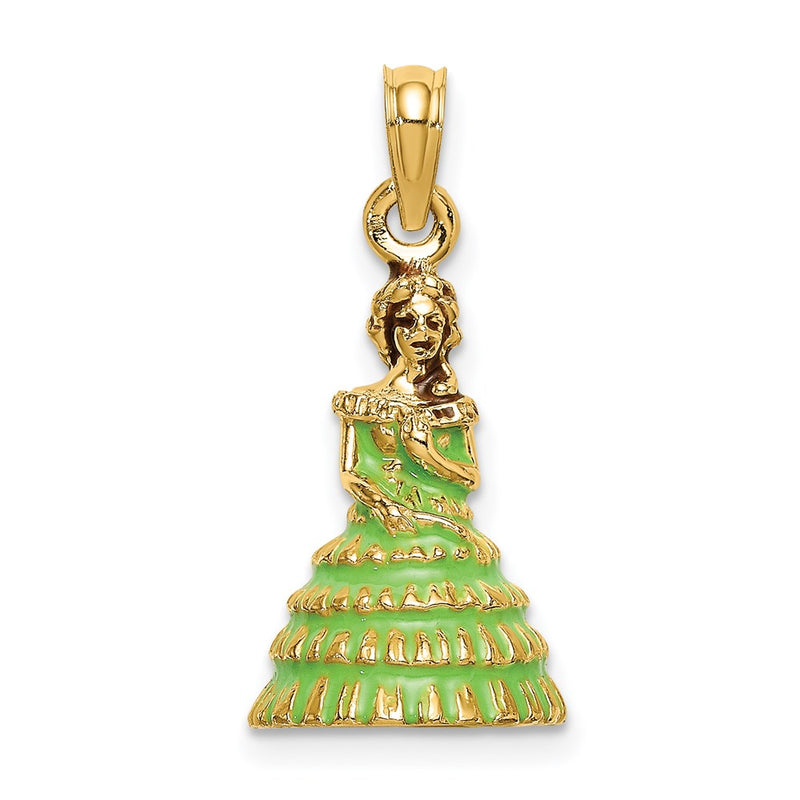 14k Yellow Gold 3-D Green Enamel Dress Southern Belle Charm