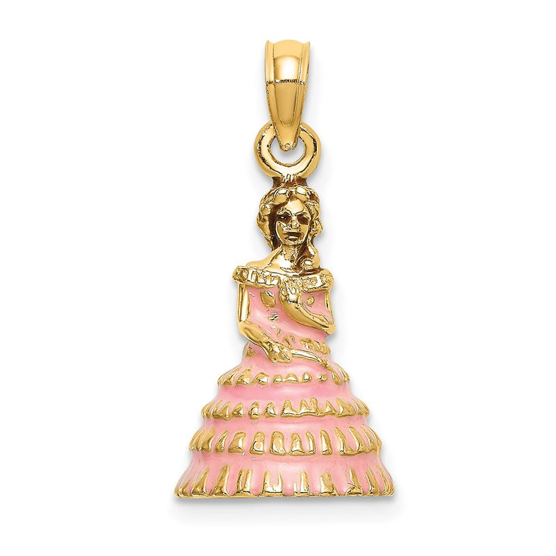 14k Yellow Gold 3-D Pink Enamel Dress Southern Belle Charm