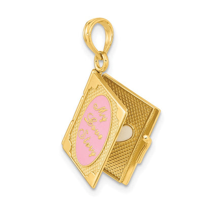 14k Yellow Gold Enameled 3D Moveable MY LOVE STORY Book Pendant