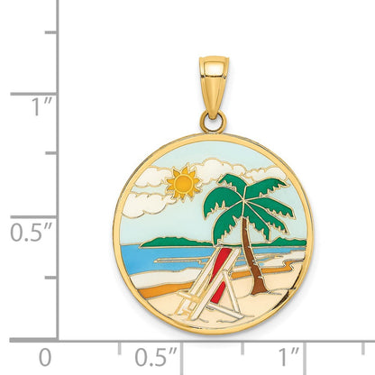14k Yellow Gold Enamel Beach Scene On Round Disc Charm