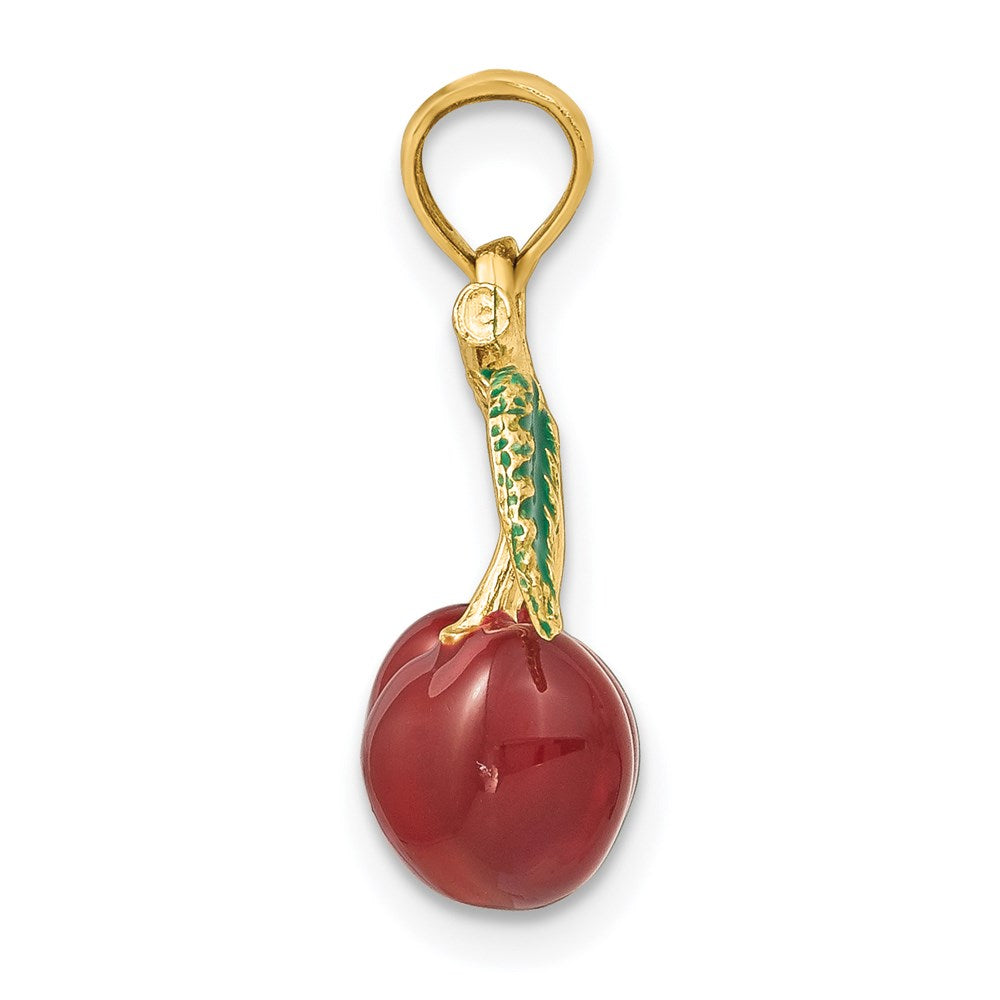14k Yellow Gold 3-D Enamel Cherries W/ Leaf Charm