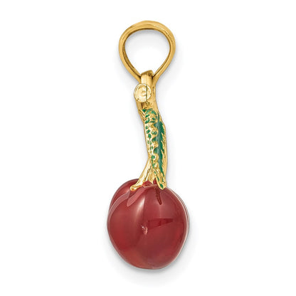 14k Yellow Gold 3-D Enamel Cherries W/ Leaf Charm