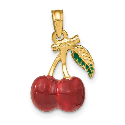 14k Yellow Gold 3-D Enamel Cherries W/ Leaf Charm
