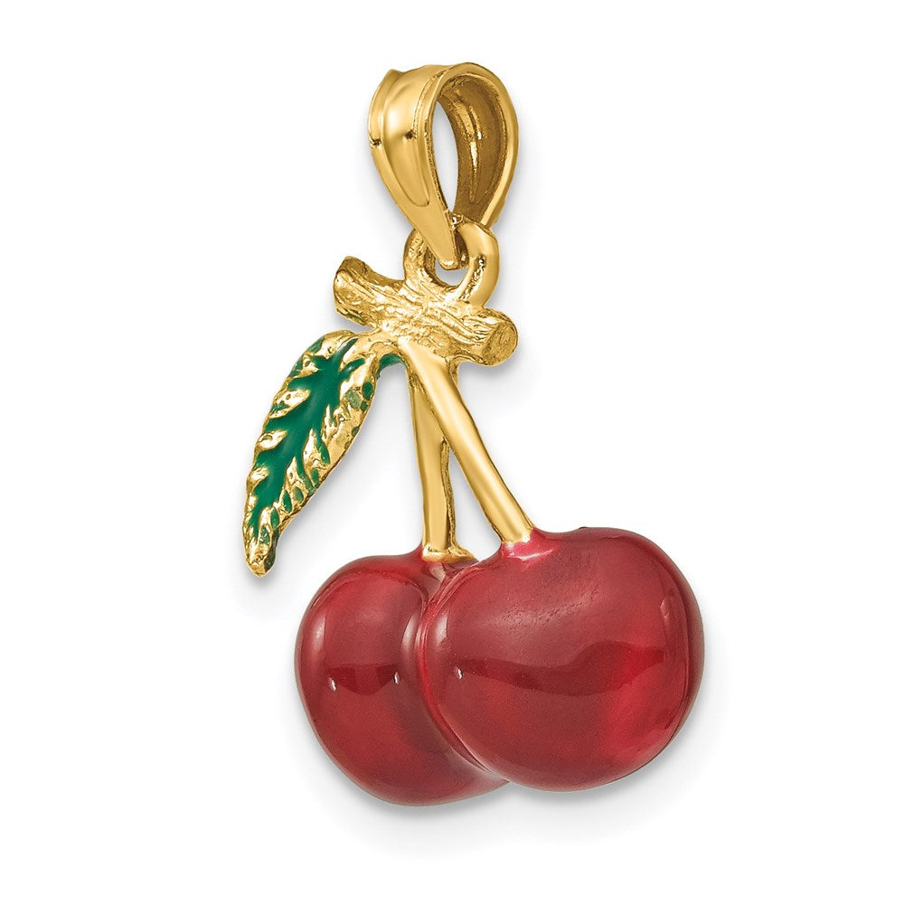 14k Yellow Gold 3-D Enamel Cherries W/ Leaf Charm