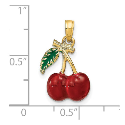 14k Yellow Gold 3-D Enamel Cherries W/ Leaf Charm