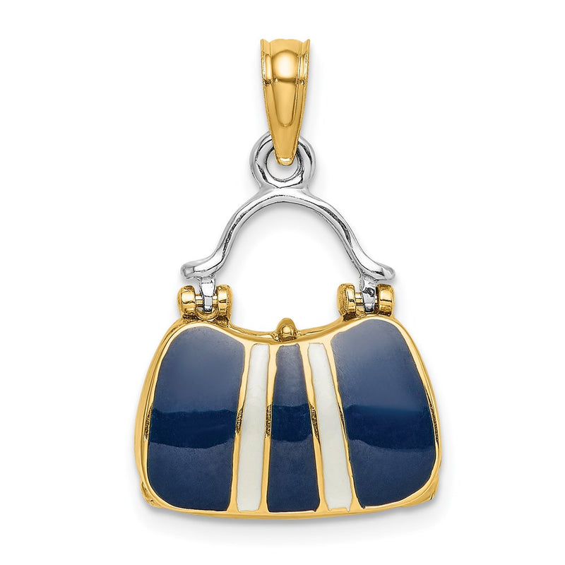 14k Yellow & Rhodium Gold & Rhodium 3-D Navy Enameled Handbag Opens Charm