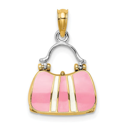 14k Yellow & Rhodium Gold & Rhodium 3-D w/ Enamel Opens Handbag Charm