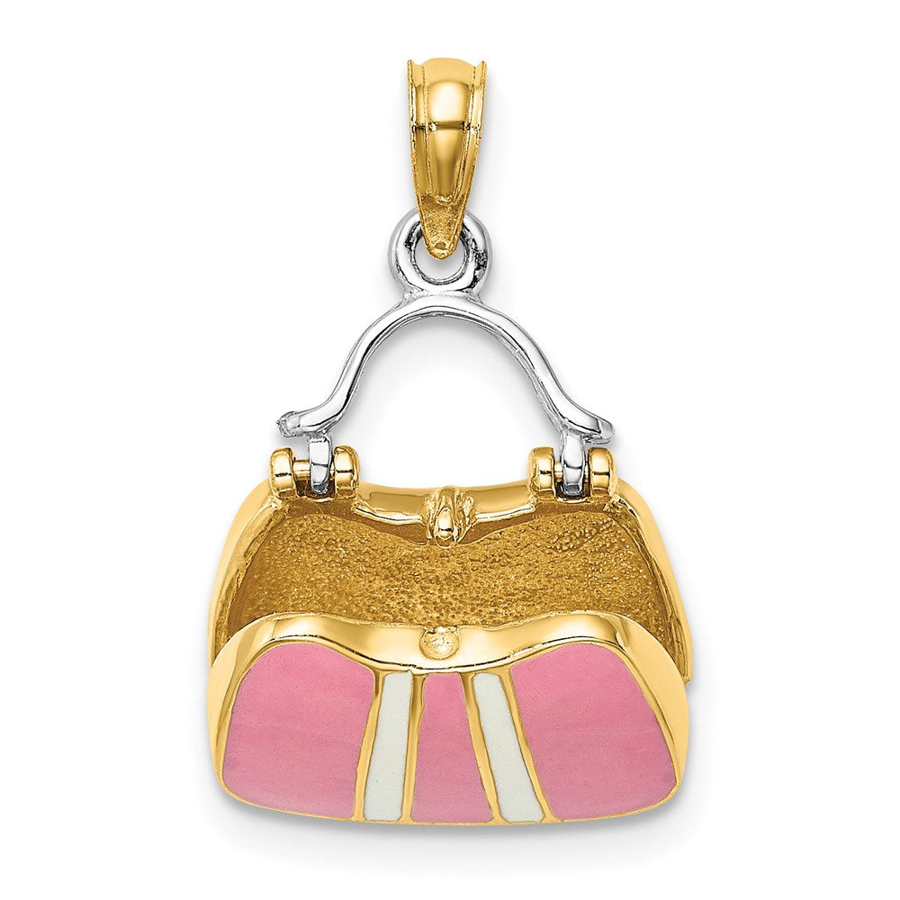 14k Yellow & Rhodium Gold & Rhodium 3-D w/ Enamel Opens Handbag Charm
