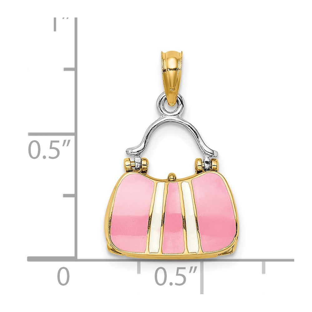 14k Yellow & Rhodium Gold & Rhodium 3-D w/ Enamel Opens Handbag Charm