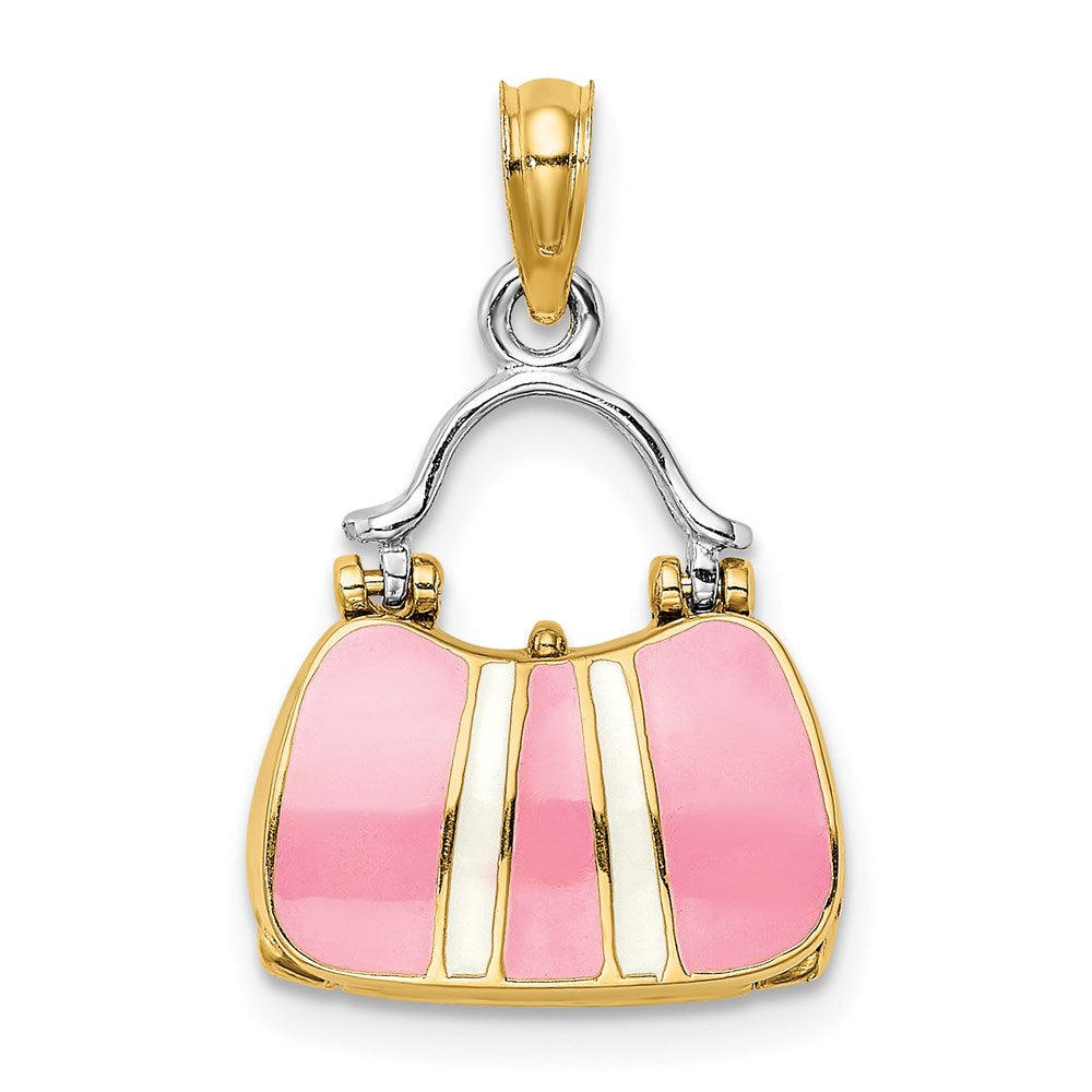 14k Yellow & Rhodium Gold & Rhodium 3-D w/ Enamel Opens Handbag Charm