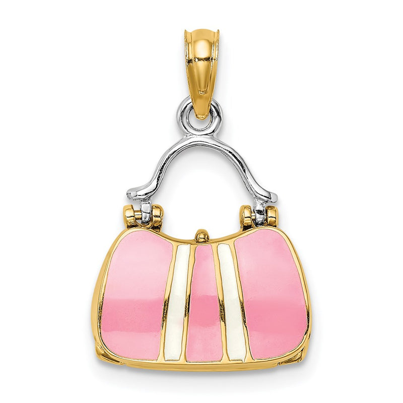 14k Yellow & Rhodium Gold & Rhodium 3-D w/ Enamel Opens Handbag Charm