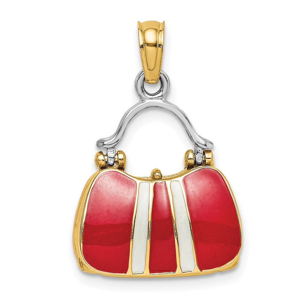 14k Yellow & Rhodium Gold & Rhodium 3-D Red Enameled Handbag Opens Charm