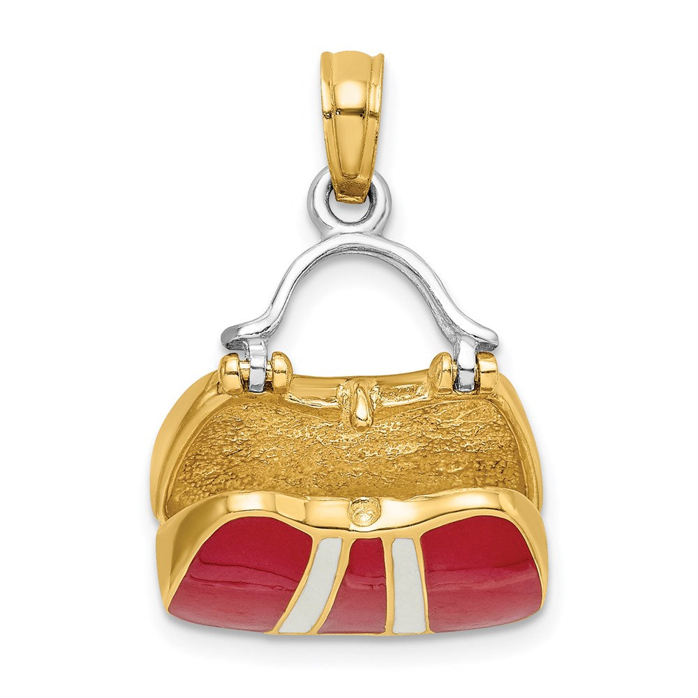 14k Yellow & Rhodium Gold & Rhodium 3-D Red Enameled Handbag Opens Charm