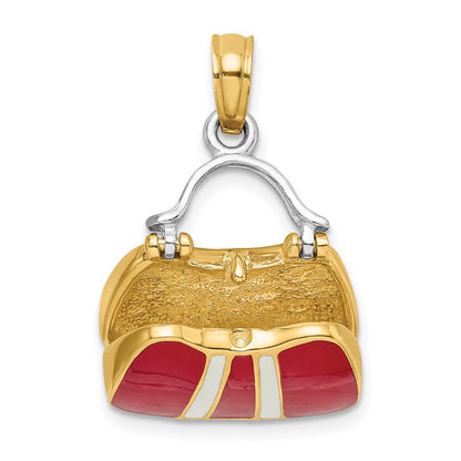 14k Yellow & Rhodium Gold & Rhodium 3-D Red Enameled Handbag Opens Charm