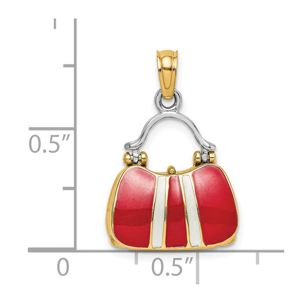 14k Yellow & Rhodium Gold & Rhodium 3-D Red Enameled Handbag Opens Charm