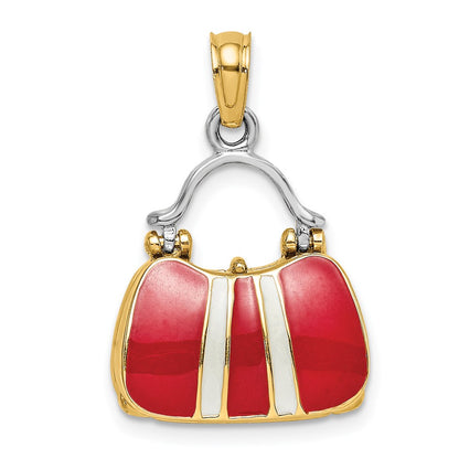 14k Yellow & Rhodium Gold & Rhodium 3-D Red Enameled Handbag Opens Charm