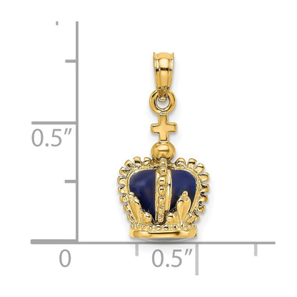 14k Yellow Gold 3-D w/ Enamel Crown w/ Cross On Top Charm