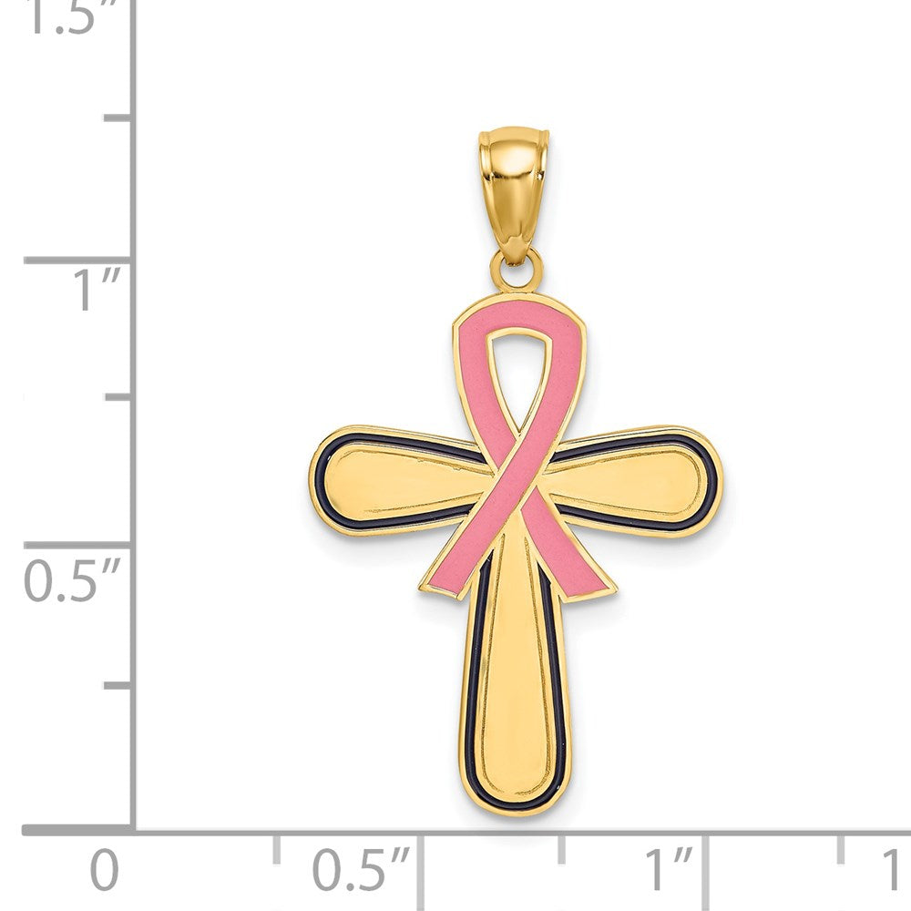 14k Yellow Gold Enamel Pink Ribbon Breast Cancer Cross