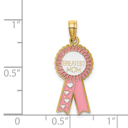 14k Yellow Gold Enamel GREATEST MOM Pink RIBBON Charm