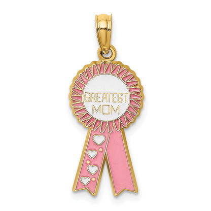 14k Yellow Gold Enamel GREATEST MOM Pink RIBBON Charm