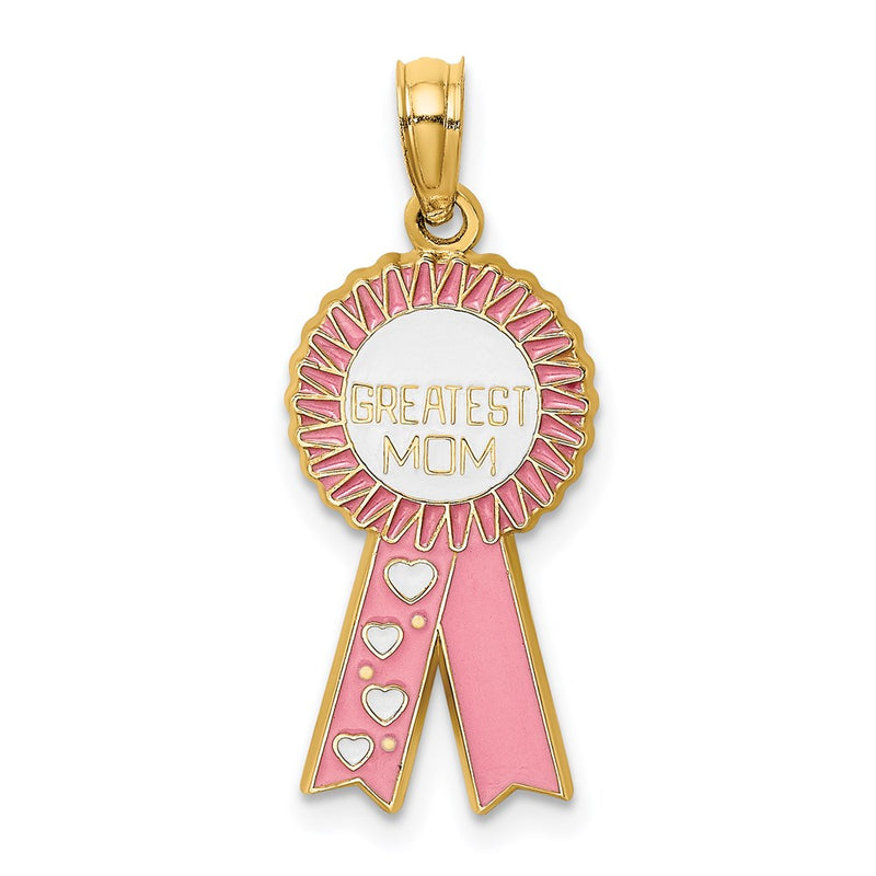 14k Yellow Gold Enamel GREATEST MOM Pink RIBBON Charm