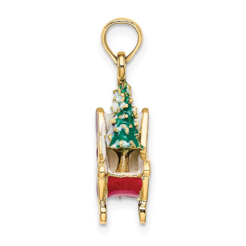 14k Yellow Gold 3-D Enamel Sleigh w/Christmas Tree Charm
