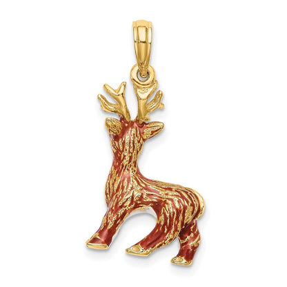 14k Yellow Gold 3-D Enamel Red Nosed Reindeer Charm