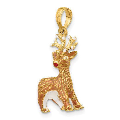 14k Yellow Gold 3-D Enamel Red Nosed Reindeer Charm