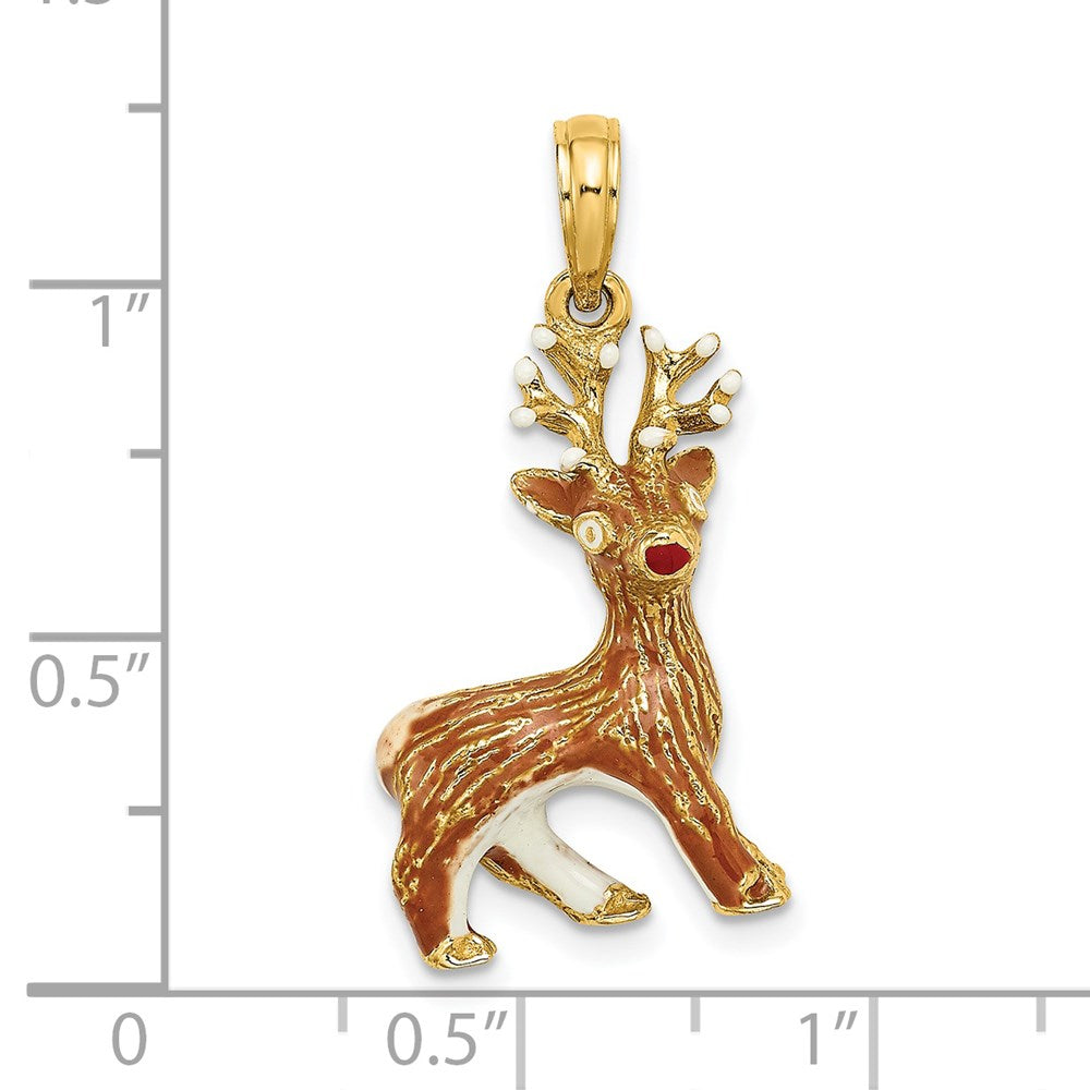 14k Yellow Gold 3-D Enamel Red Nosed Reindeer Charm