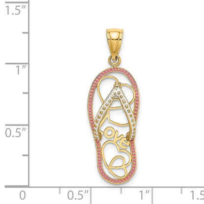 14k Yellow Gold Multi Heart Love Flip-Flop w/ Pink and White Enamel Charm