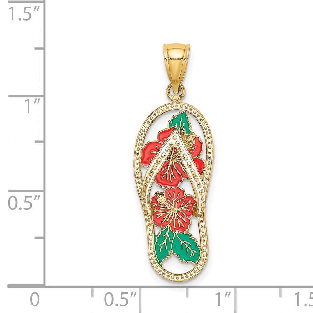 14k Yellow Gold Enamel Red Hibiscus Flower Flip-Flop Charm