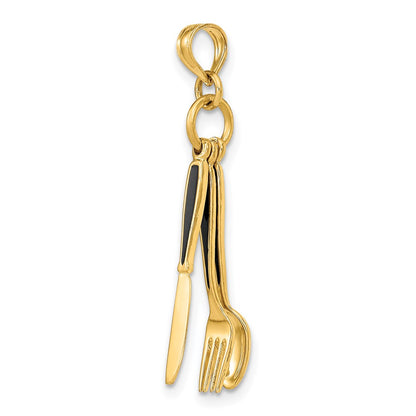 14k Yellow Gold 3-D Enamel Knife Fork Spoon Moveable Charm