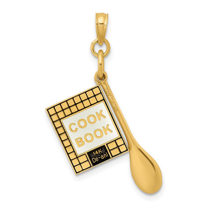 14k Yellow Gold 3-D Cook Book W/ Black Enamel and Spoon Charm